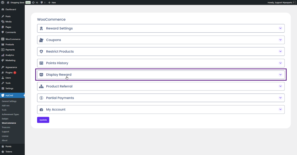 display reward in mycred woocommerce