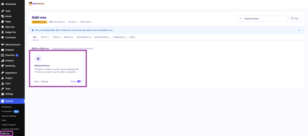 Enabling WooCommerce module in myCred to setup customer loyalty in WooCommerce
